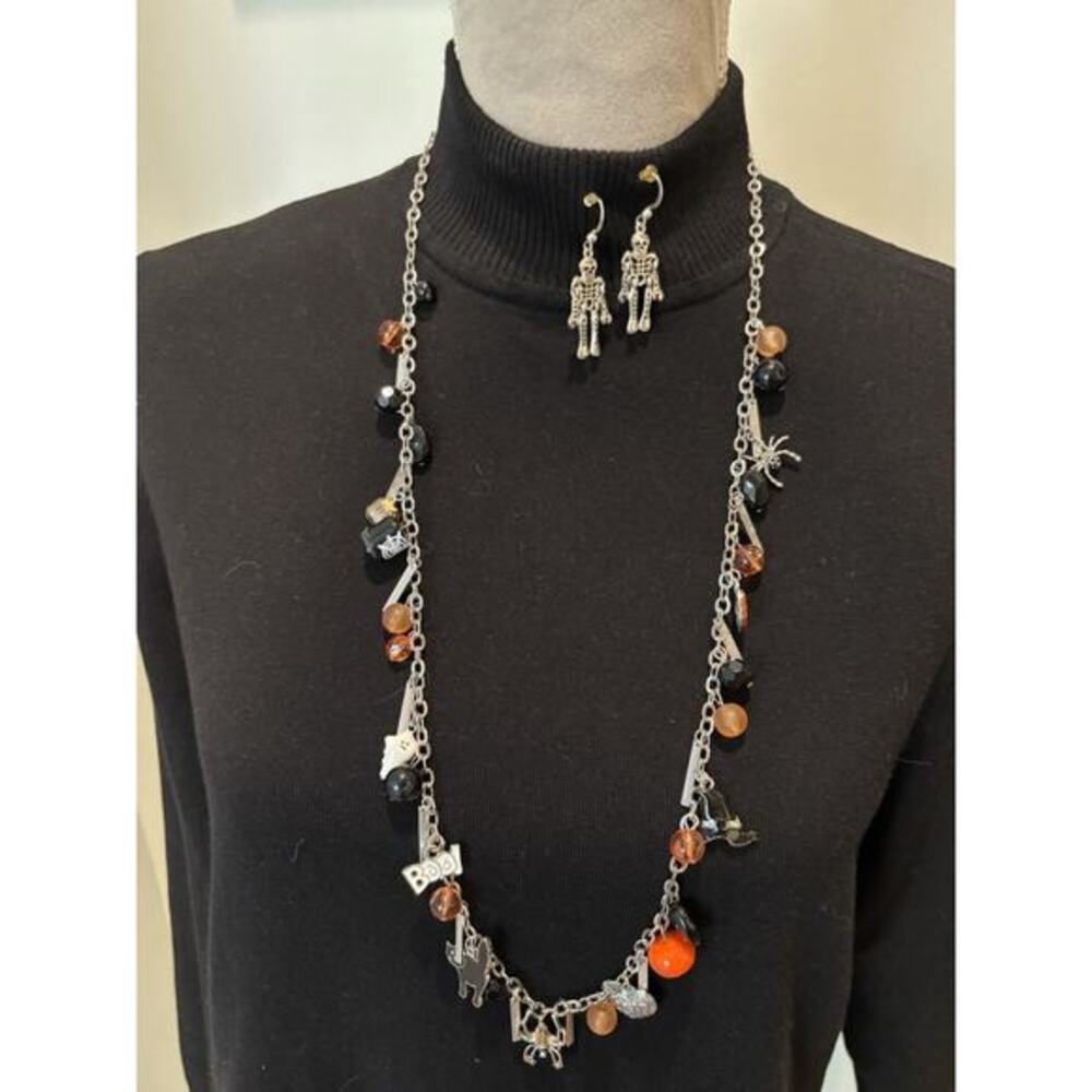 Halloween Charm Necklace & Skeleton Dangle Earrings 39” Spider Whimsy Kidcore